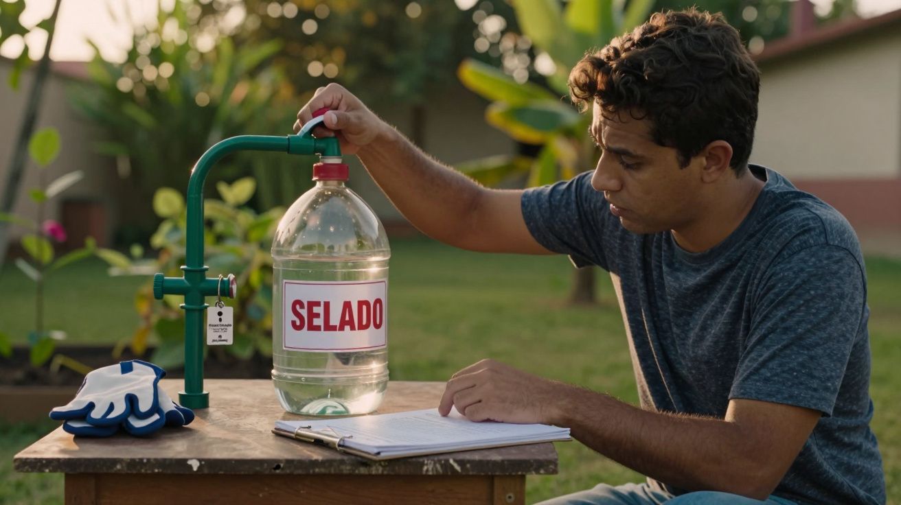 Homem sentado testa dispositivo de garrafa rotulada "Selado" em mesa com luvas e caderno, num jardim.
