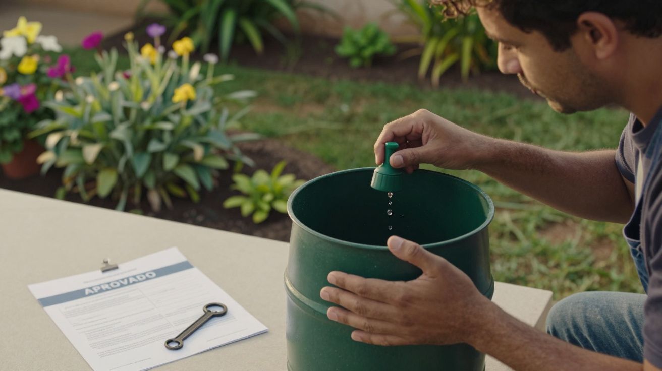 Homem testa sistema de irrigação com balde verde, acompanhado de um documento com "Aprovado" e chave ao lado.