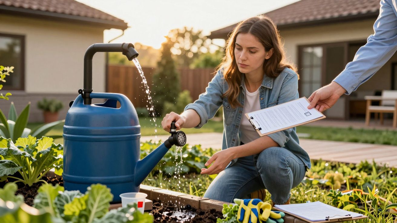 Mulher rega plantas num jardim, segurando um caderno. Outro indivíduo apoia-a segurando uma prancheta.