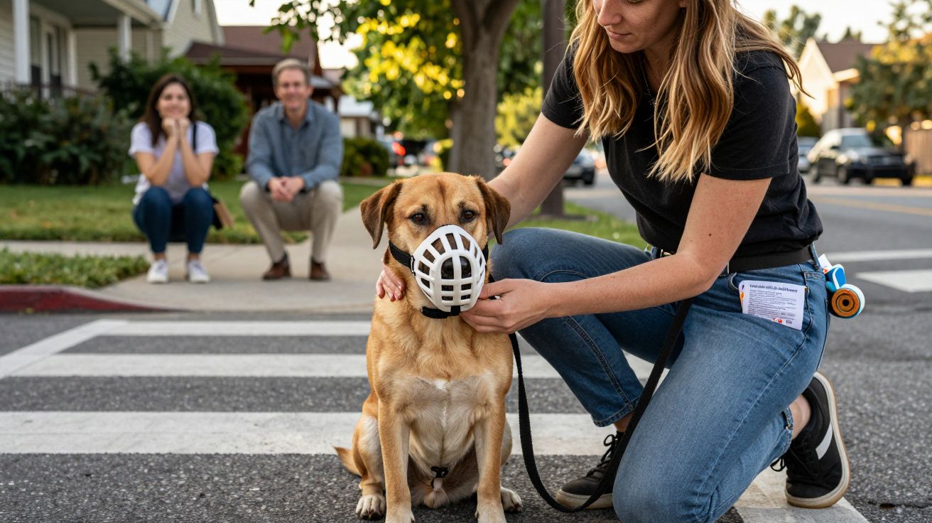 Mulher com cão de trela e açaime na passadeira, com um casal sentado na relva ao fundo.