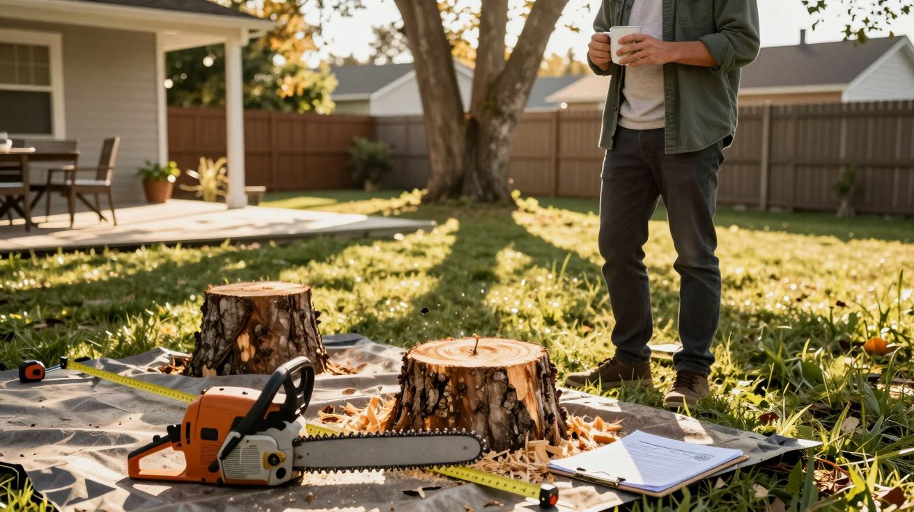 Homem com chá ao lado de troncos cortados e motosserra no quintal ensolarado.