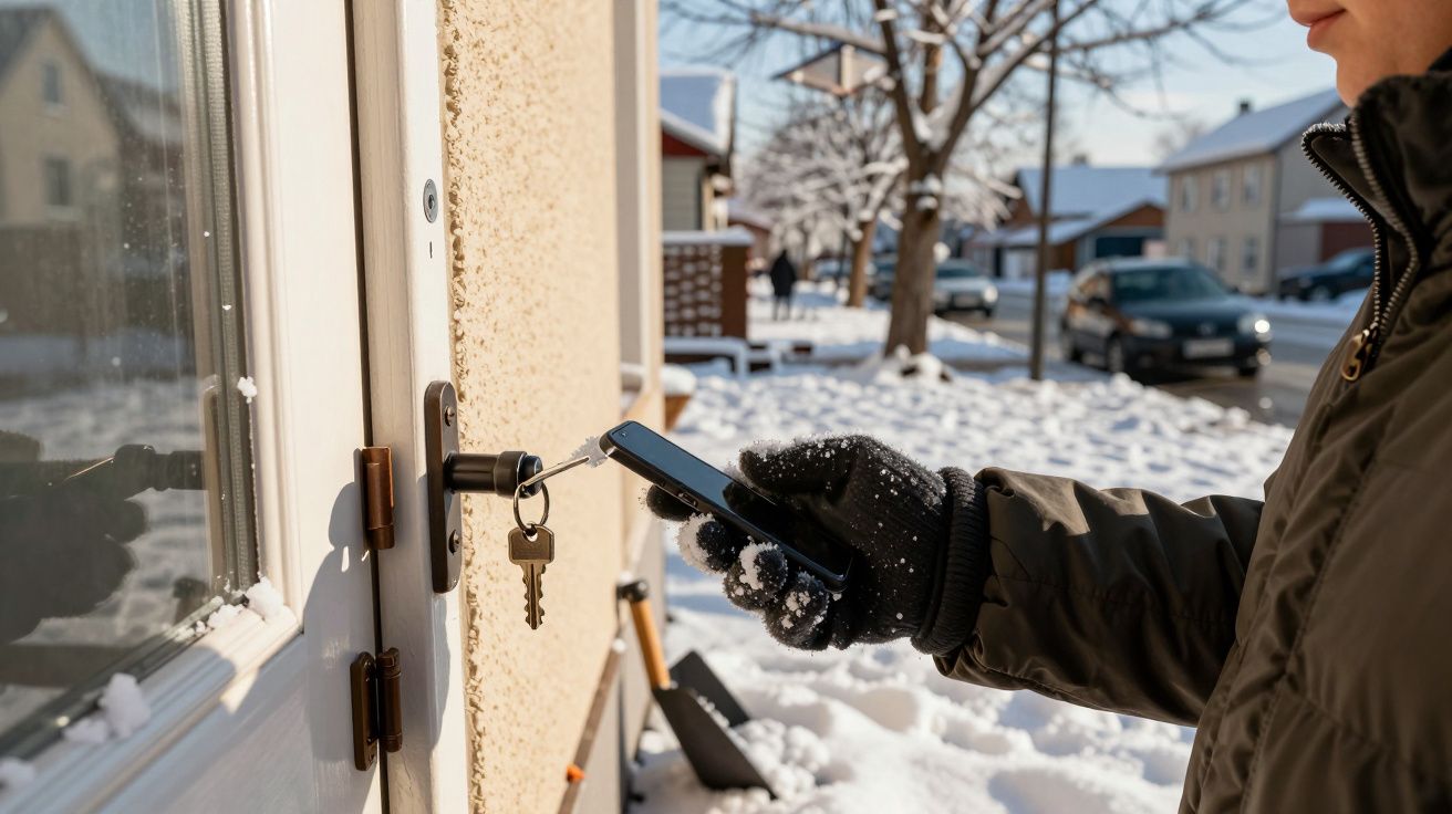 Pessoa com luvas a usar smartphone para trancar porta, num dia de neve.