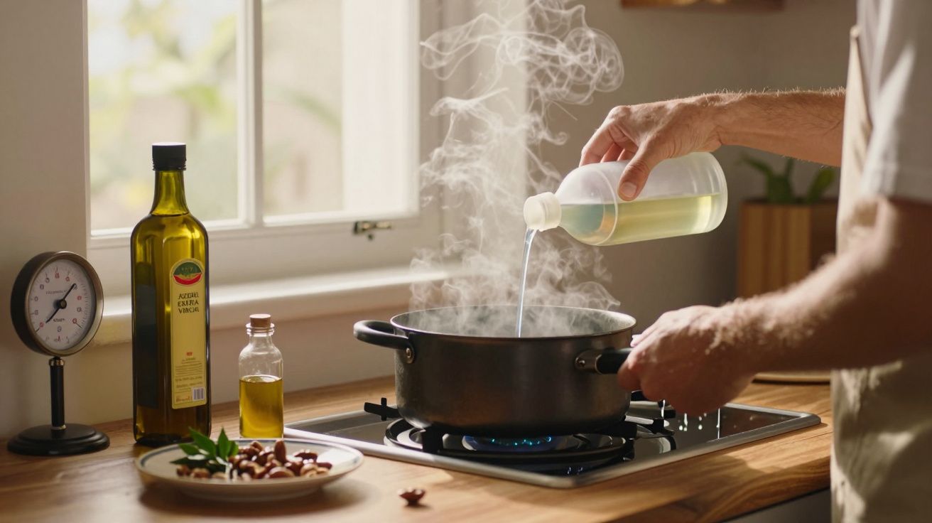 Pessoa a verter óleo numa panela ao lume, numa cozinha com janela, garrafas de azeite e relógio de cozinha ao lado.