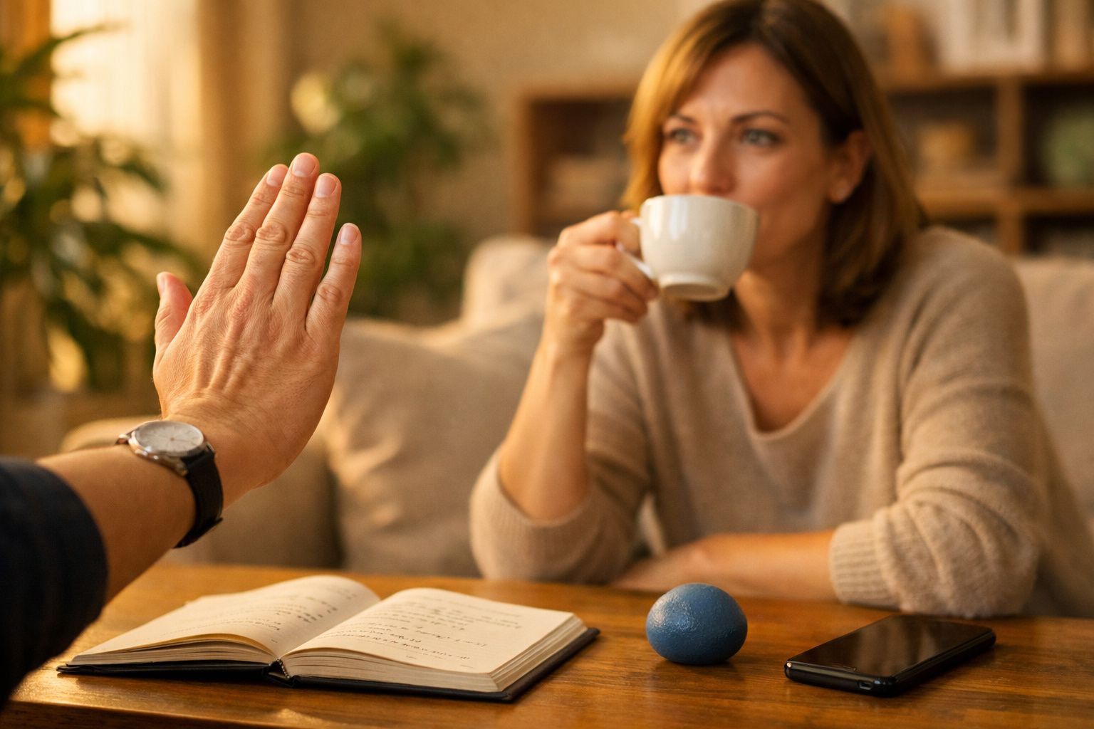 Pessoa com chá e outra levantando a mão, sentados numa mesa de café com bloco de notas e ampulheta.
