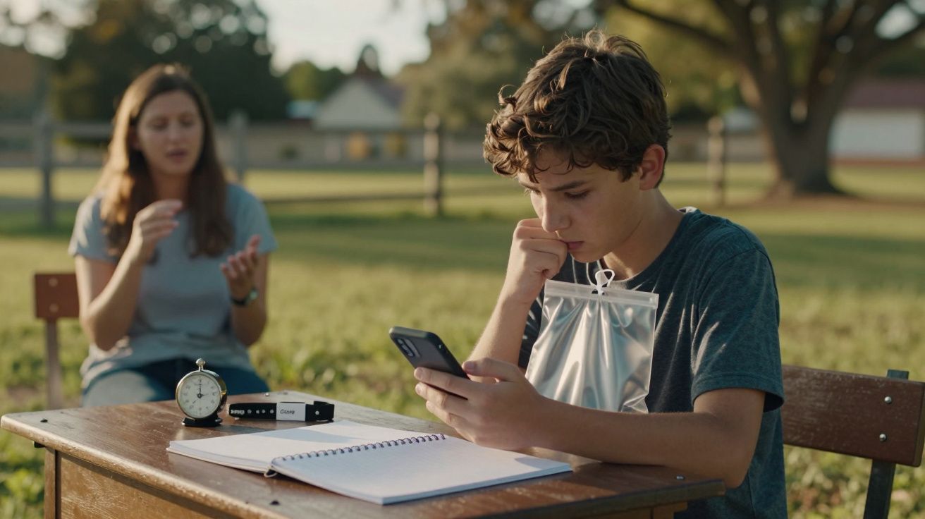Rapaz sentado ao ar livre, concentrado no telemóvel com um saco preso ao pescoço, mesa com despertador e caderno.
