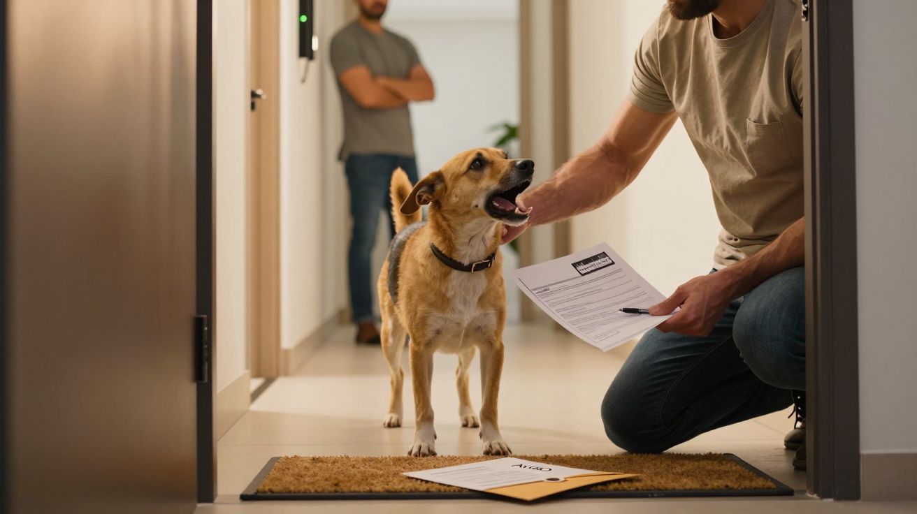 Homem ajoelhado acaricia cão à porta, segura papéis; outro homem observa no corredor.