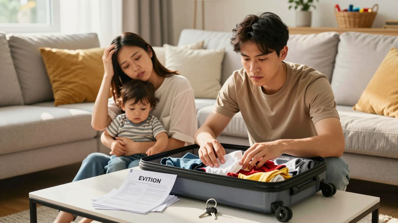 Família sentada com malas abertas numa sala, documentos de despejo na mesa.