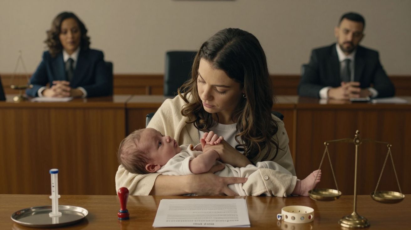 Mulher segura bebé no colo em tribunal, com documentos e balança em cima da mesa. Duas pessoas observam ao fundo.