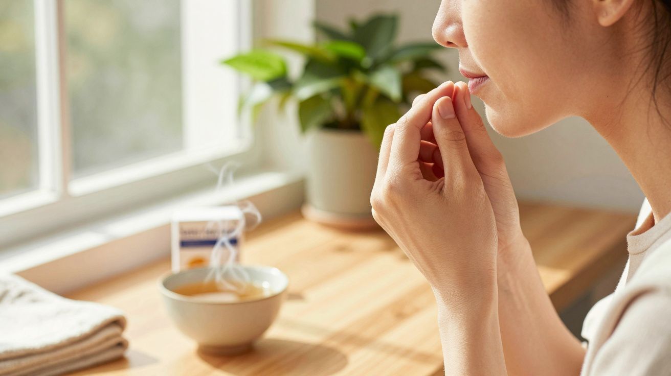 Mulher segura comprimido perto da boca, com chá fumegante na mesa. Planta e janela ao fundo.