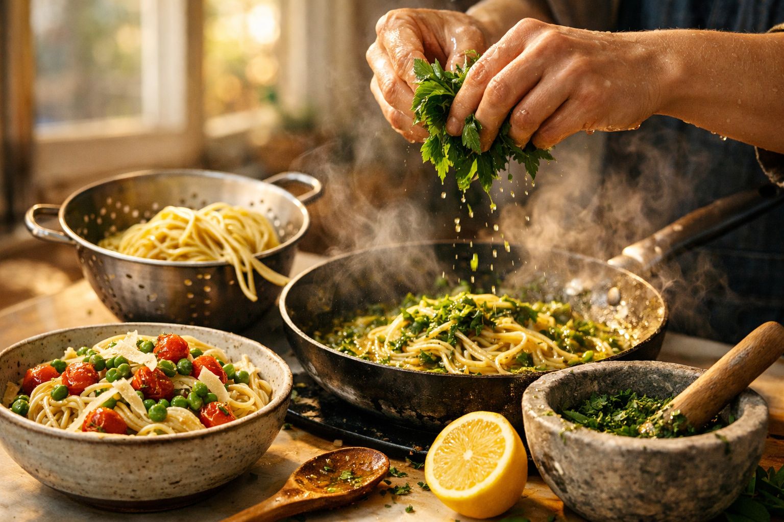 Pessoa cozinha massa fumegante com salsa numa frigideira, enquanto o sol ilumina a cozinha pela janela.