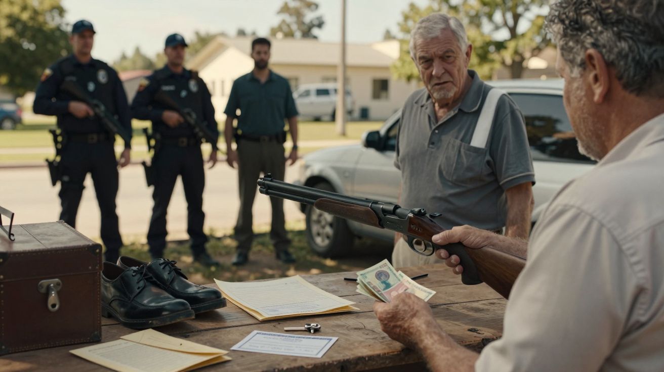 Homem segura espingarda e notas, enquanto outros observam, incluindo três polícias armados; mesa com documentos e sapatos.
