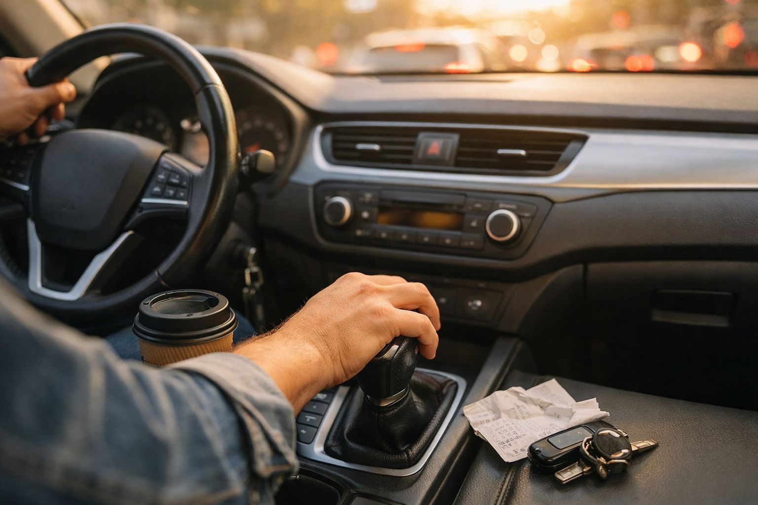 Mãos masculinas a conduzir um carro, ajustando a caixa de mudanças, com café e luvas no suporte entre os bancos.