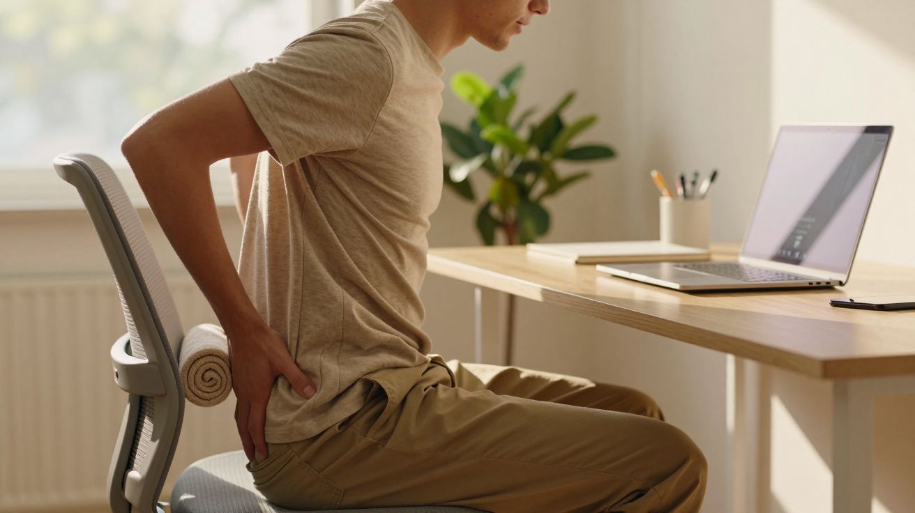 Homem sentado numa cadeira, segurando as costas, com um portátil numa secretária ao fundo.
