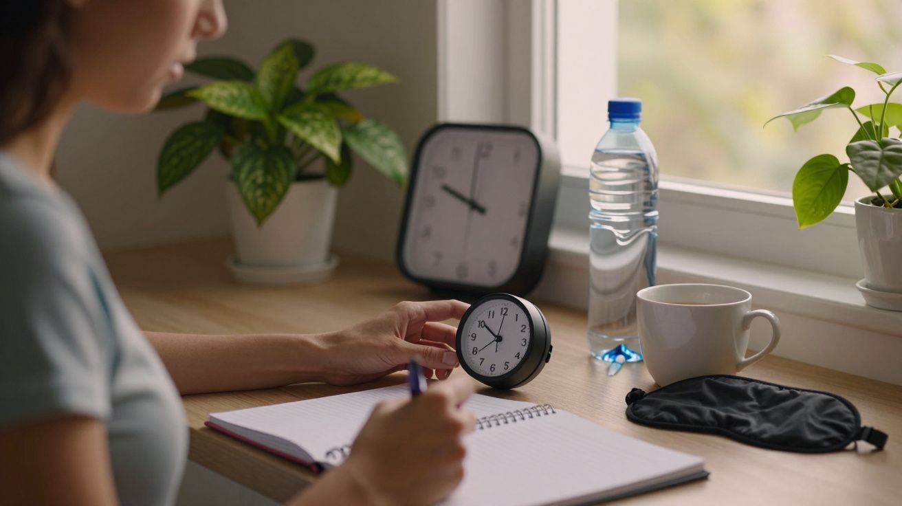 Mulher com caderno e caneta ao lado de relógio, planta, garrafa de água e chávena, em mesa perto de uma janela.