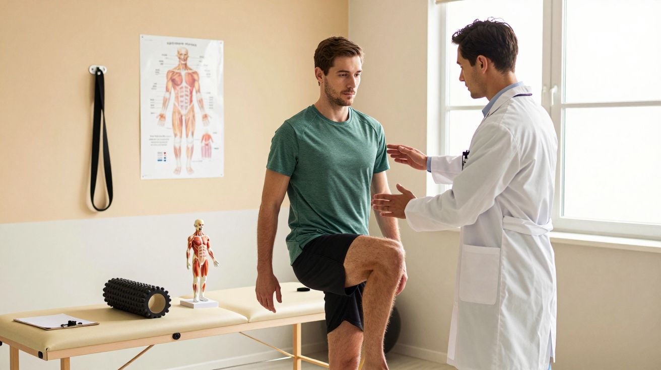 Fisioterapeuta orienta paciente num exercício de equilíbrio numa clínica com equipamento e poster anatómico na parede.