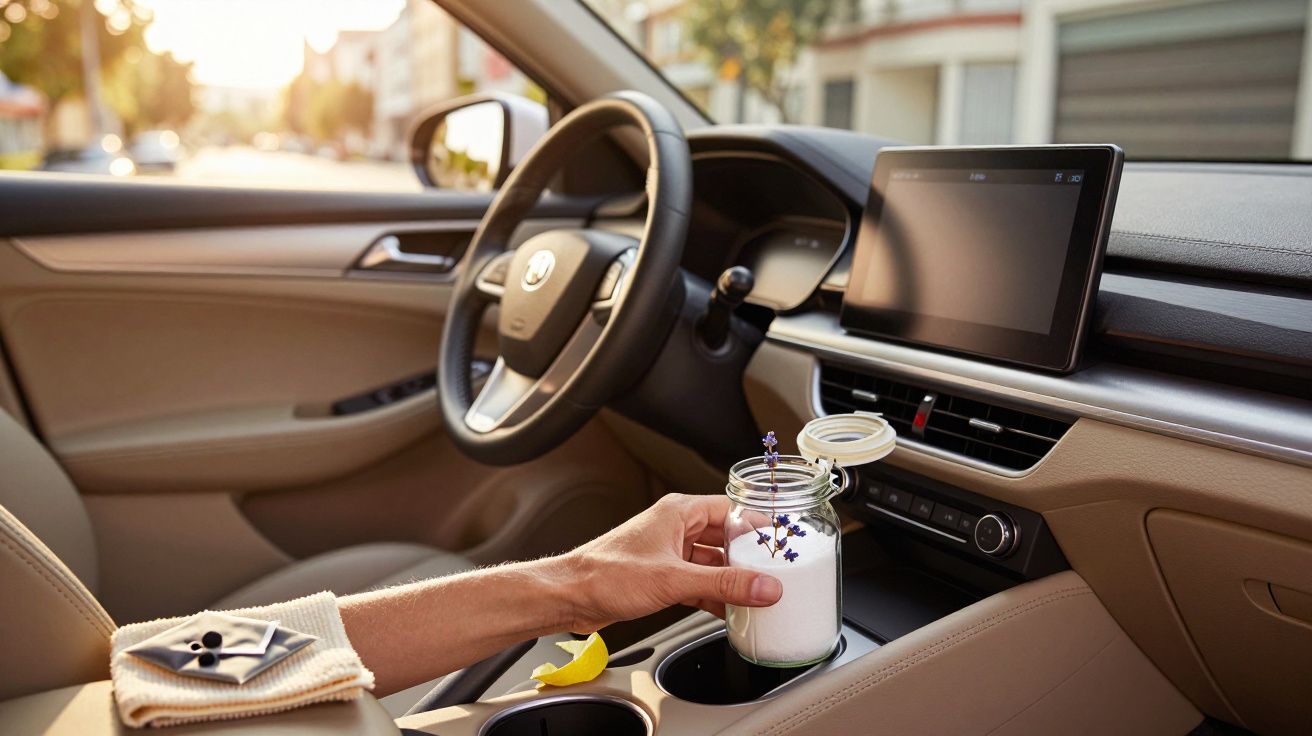 Interior de carro com frasco de vidro no porta-copos, mão a segurar. Volante e ecrã visíveis.