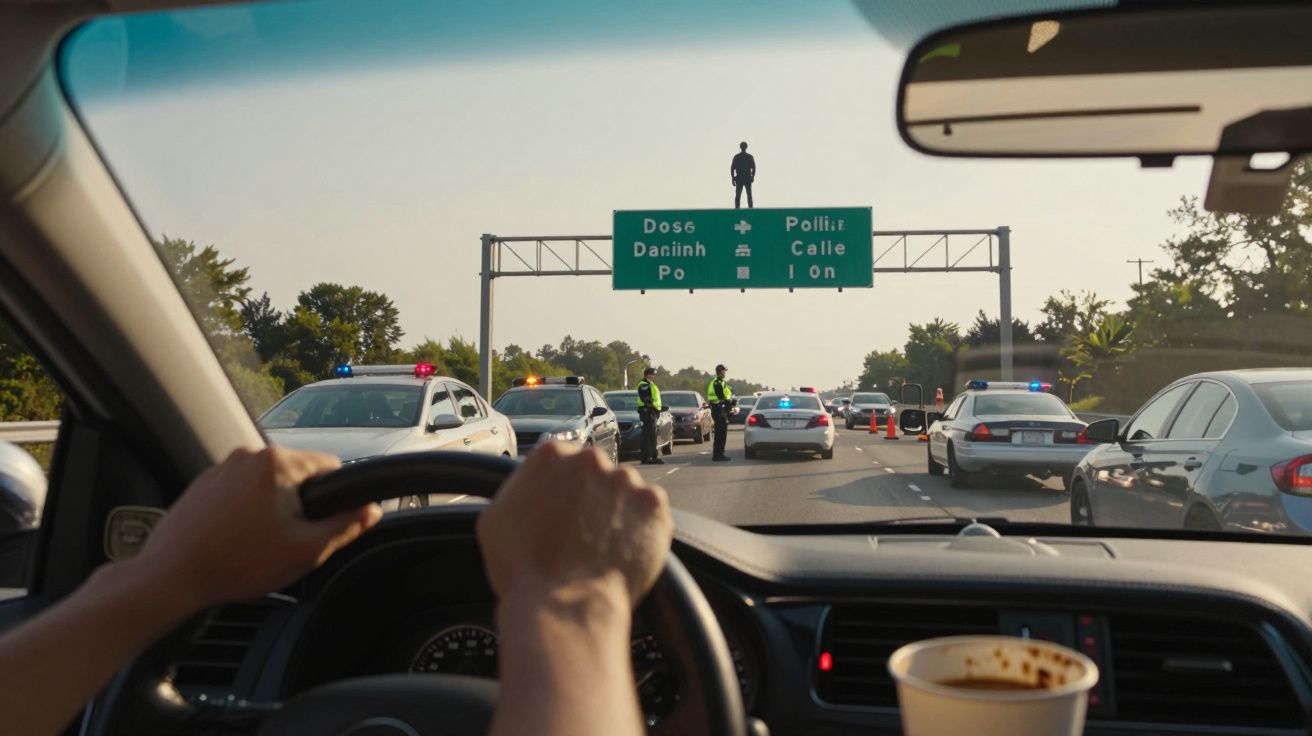 Condutor numa estrada fechada com polícias e viaturas, sinais de trânsito e uma pessoa em pé numa placa acima.