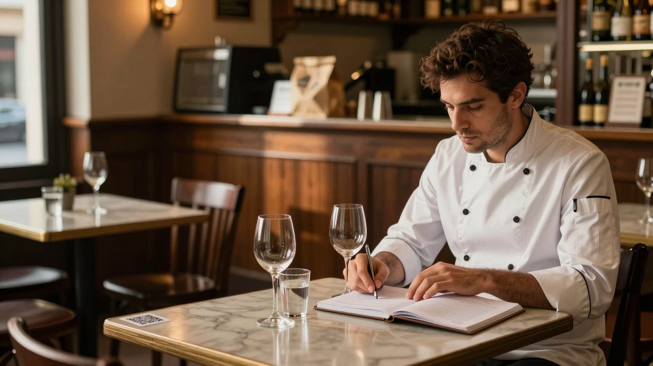 Chef sentado em mesa de restaurante vazio, escrevendo num caderno, com copo de vinho e água à frente.