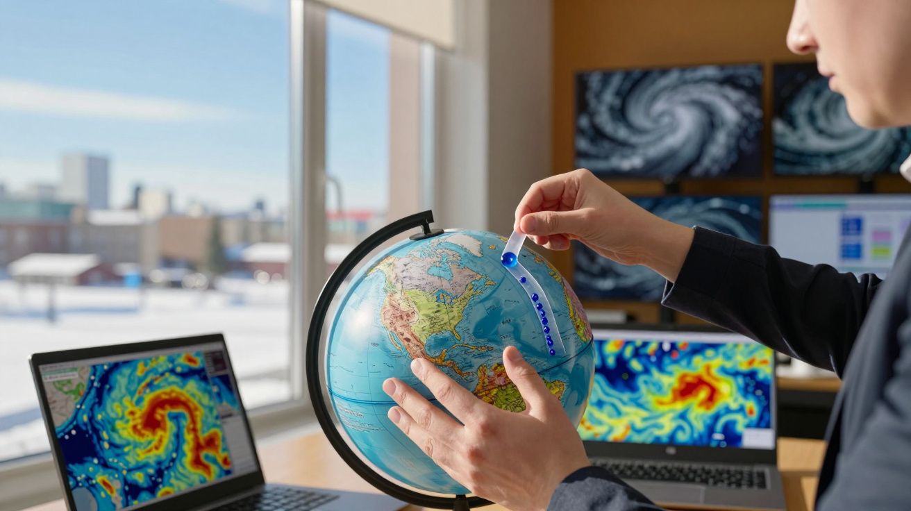 Pessoa examina globo terrestre com régua, cercada por ecrãs exibindo mapas climáticos e previsões meteorológicas.