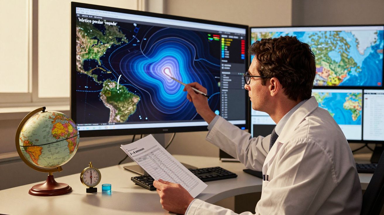 Cientista analisa mapa meteorológico em ecrã grande, com globo e documentos na mesa em escritório.