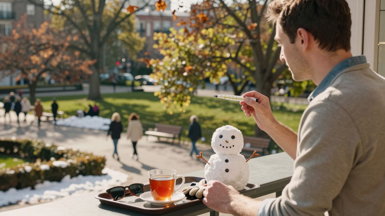 Homem a decorar boneco de neve numa varanda com chá e óculos; parque ao fundo com pessoas a passear.