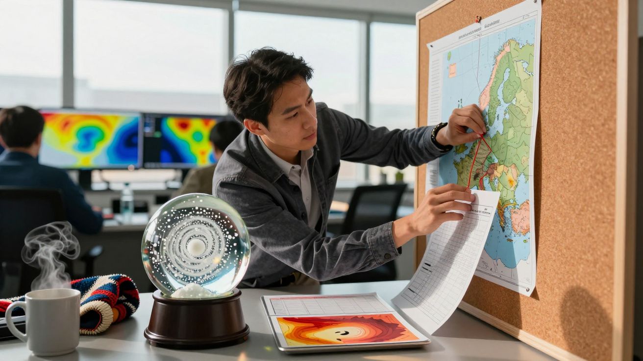 Homem analisando mapa num quadro de cortiça, com cristal de neve, chávena e gráfico sobre a mesa num escritório moderno.