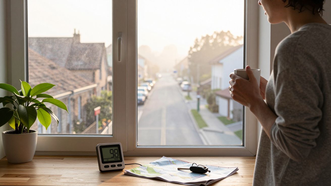 Pessoa observa pela janela com chá na mão, planta, relógio e mapa na bancada, vista de rua residencial ao amanhecer.