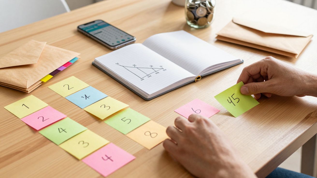 Mão organiza post-its numerados em mesa com bloco de notas, telemóvel e envelopes, sugerindo planeamento ou estudo.