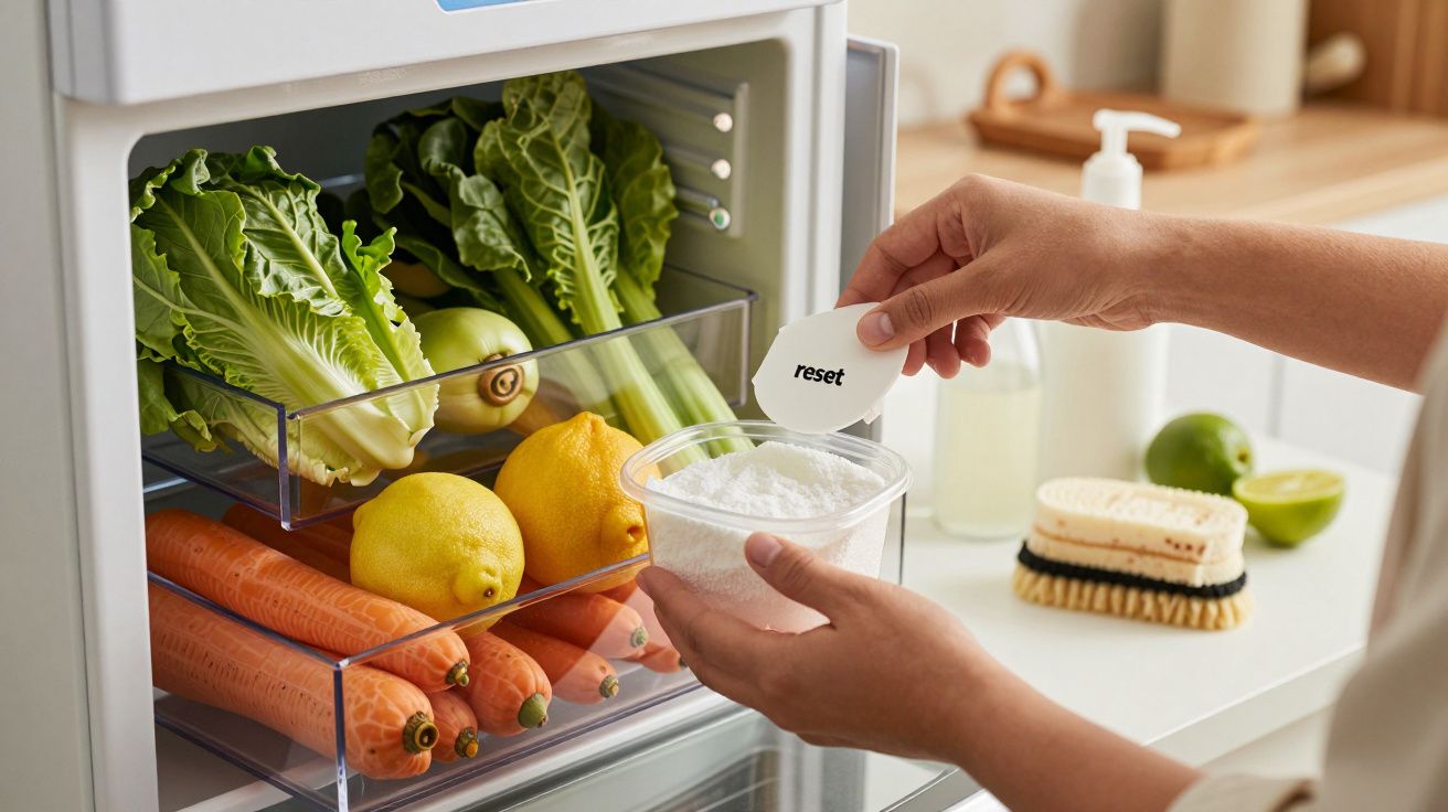 Mão colocando um recipiente de bicarbonato de sódio no frigorífico com vegetais frescos, incluindo alface, cenoura e limão.
