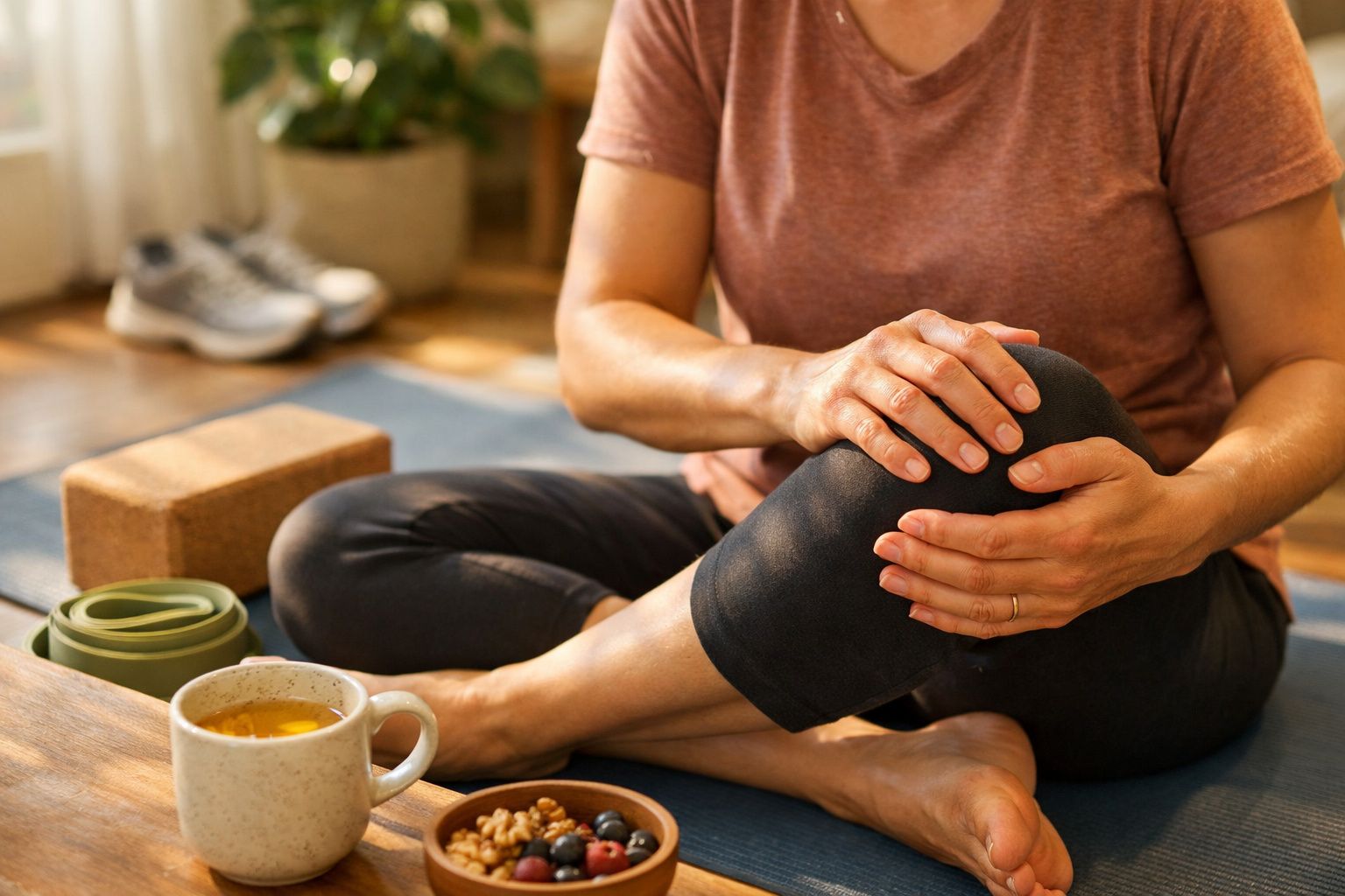 Pessoa a fazer alongamento numa sala bem iluminada, com tapete de yoga, toalha, rolo de espuma e copo de água com limão.