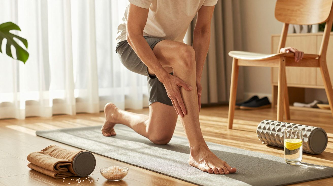 Pessoa a fazer alongamentos numa sala iluminada, com um tapete de ioga, toalha e copo de água com limão ao lado.