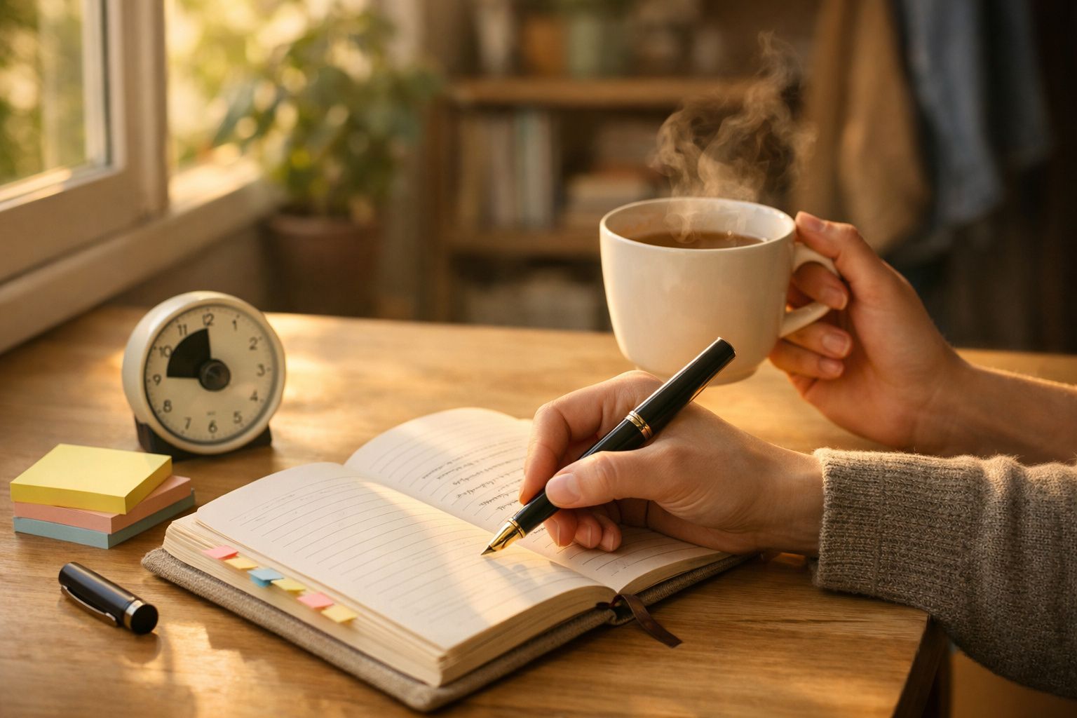 Pessoa a escrever num caderno em mesa de madeira com bússola, fotografias, caneca e marcador.