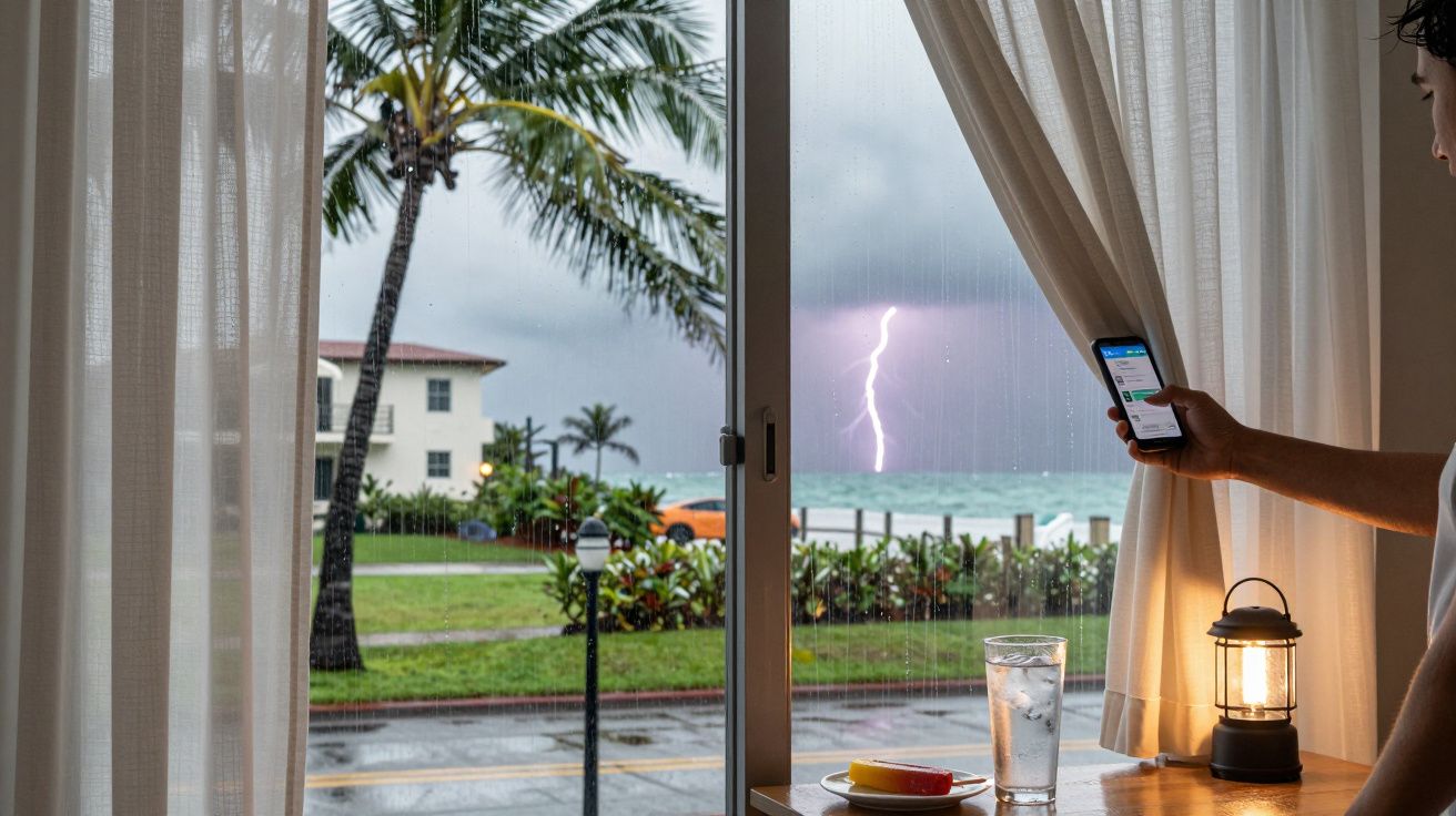 Homem com telemóvel junto à janela enquanto relâmpago ilumina o céu, com palmeira e mar ao fundo.