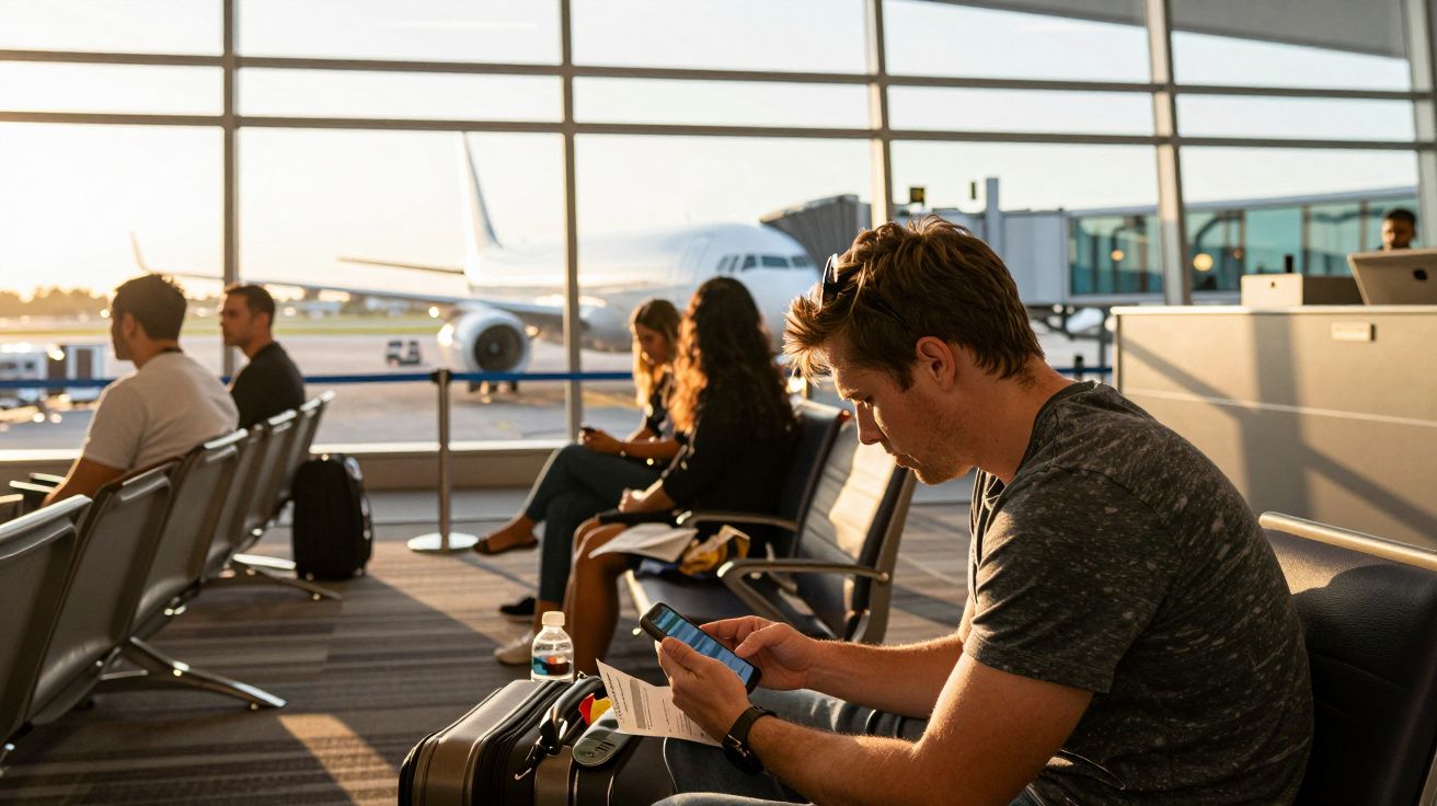 Passageiros sentados na área de embarque de um aeroporto, com um avião visível ao fundo pela janela.