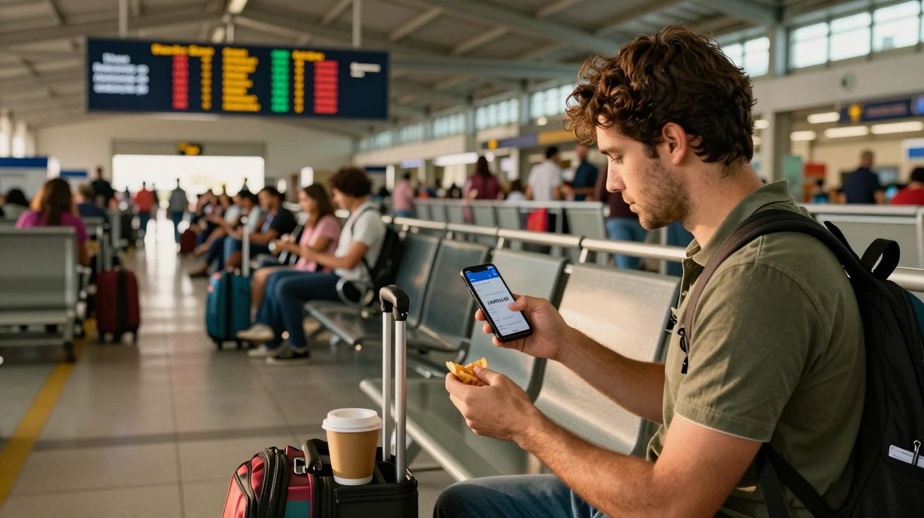 Homem sentado no aeroporto, com smartphone na mão, snack e café sobre a mala, bancos e painel de voos ao fundo.