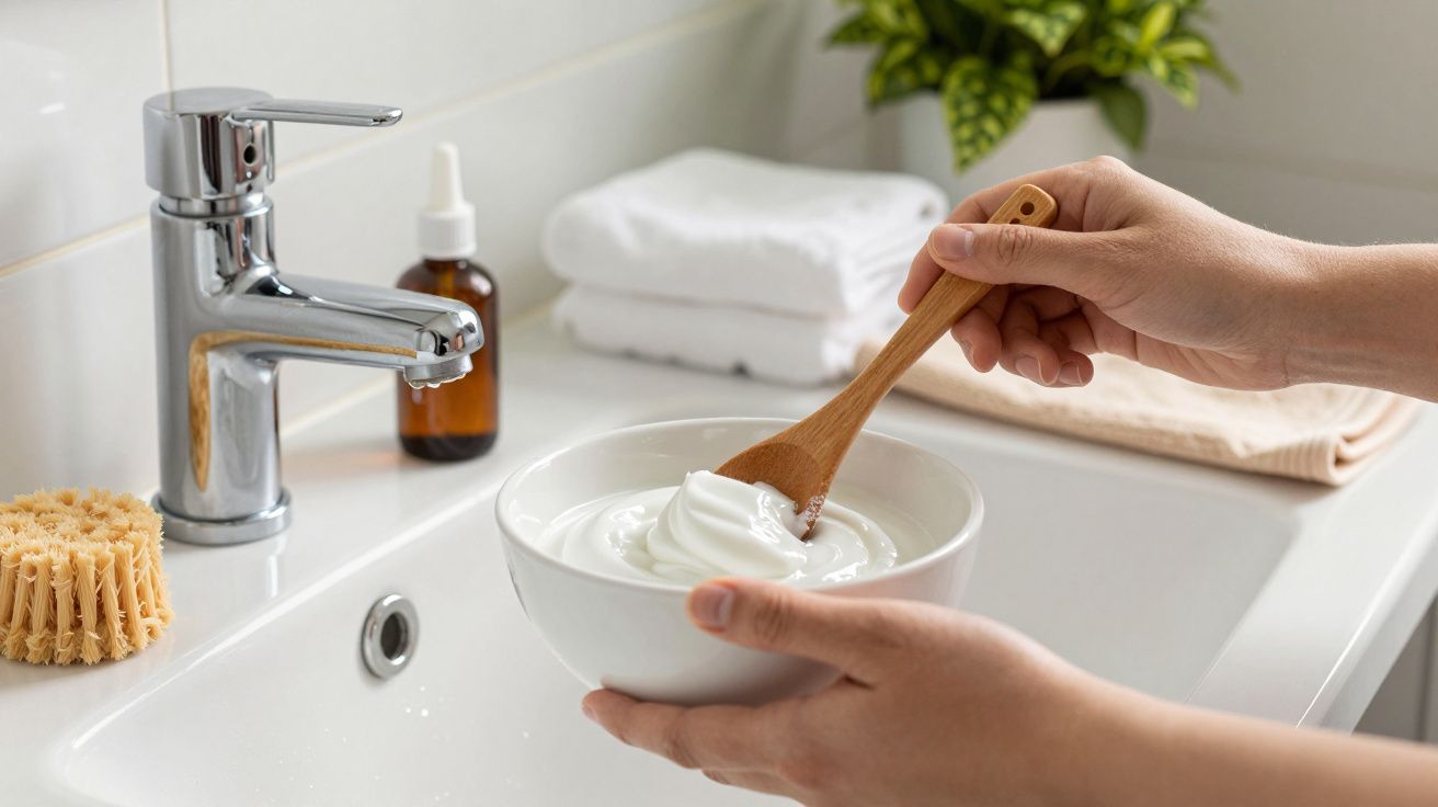 Mãos seguram taça com creme branco e colher de madeira, ao lado de uma torneira e toalhas em casa de banho.
