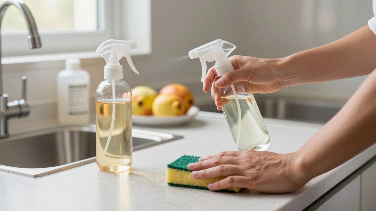 Pessoa a limpar balcão de cozinha com frasco de spray e esponja, perto de lavatório e maçãs ao fundo.