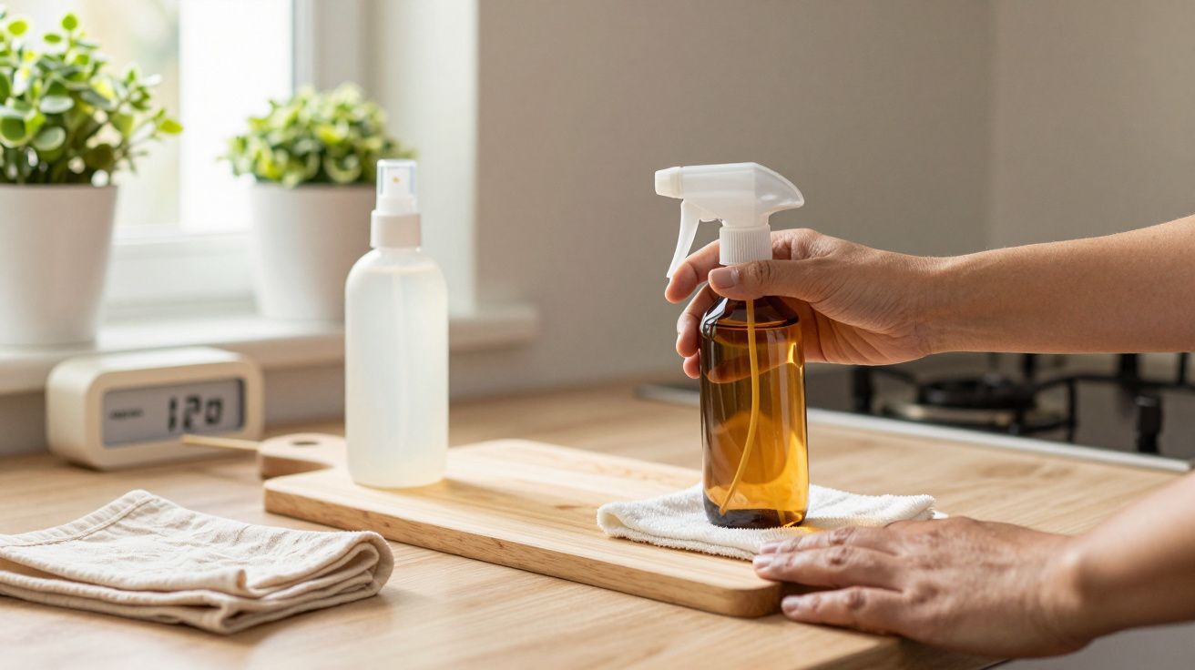 Pessoa a limpar bancada de cozinha com spray e pano, com plantas ao fundo.
