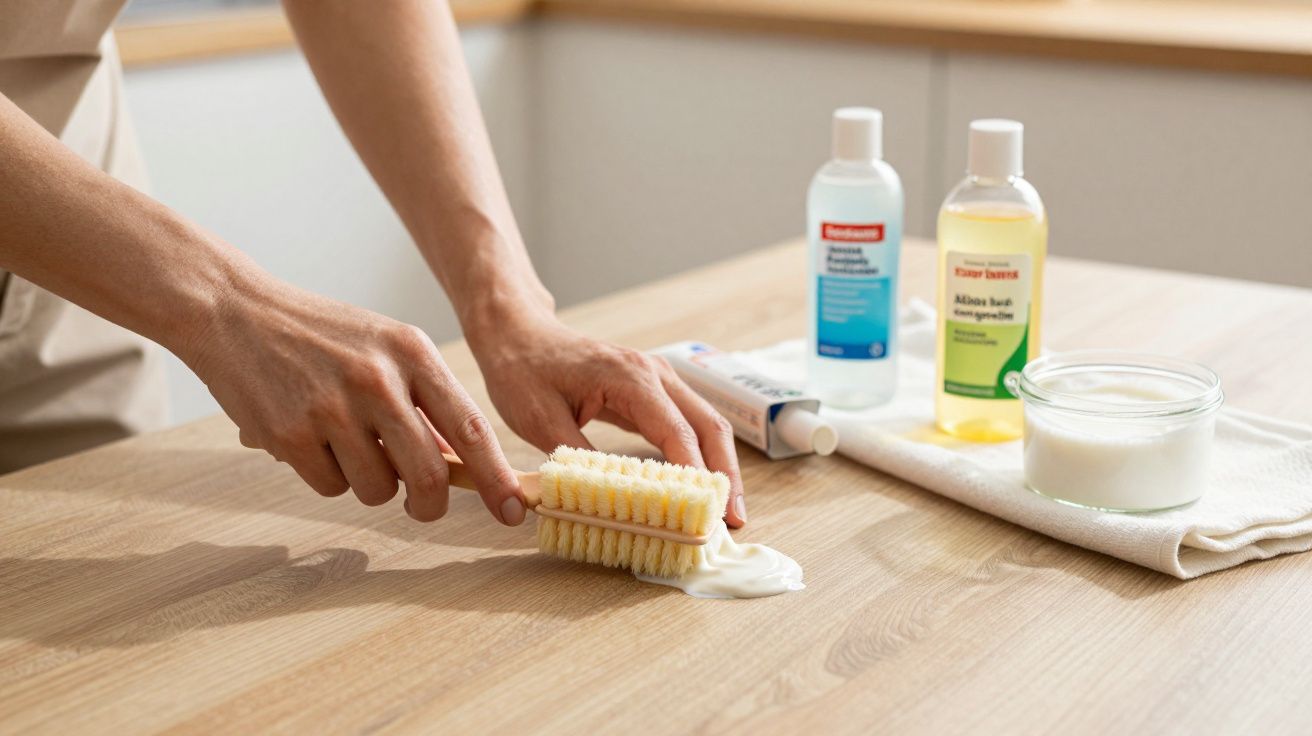 Mãos a aplicar produto de limpeza numa escova sobre uma mesa de madeira; garrafas e frasco ao fundo.
