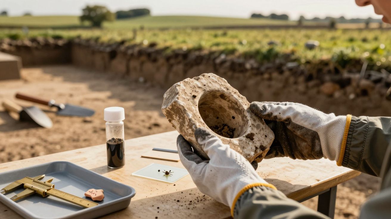 Pessoa com luvas segurando um artefacto arqueológico em sítio de escavação, com ferramentas na mesa.