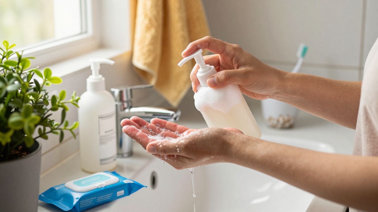 Mãos aplicando sabonete líquido branco em frente a um lavatório com plantas e lenços.