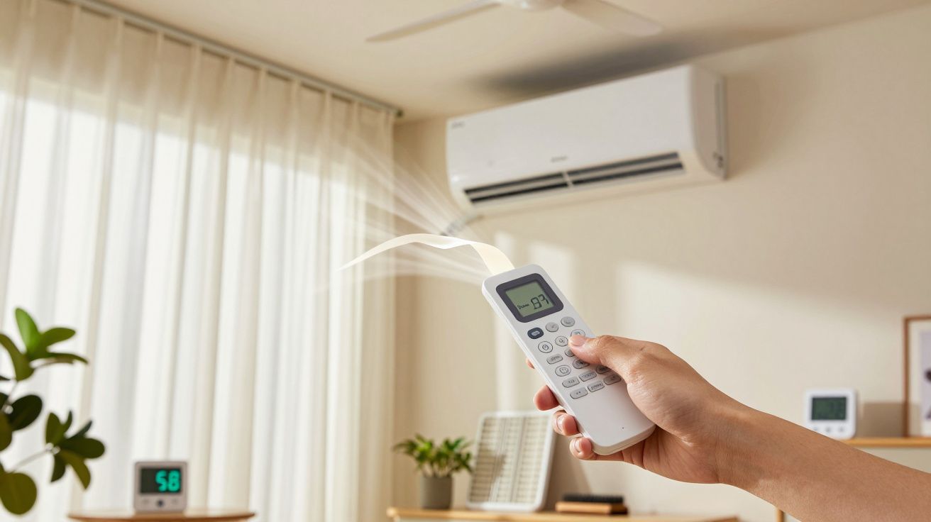 Pessoa ajusta ar condicionado com controlo remoto numa sala luminosa, cortinas brancas e plantas decorativas.