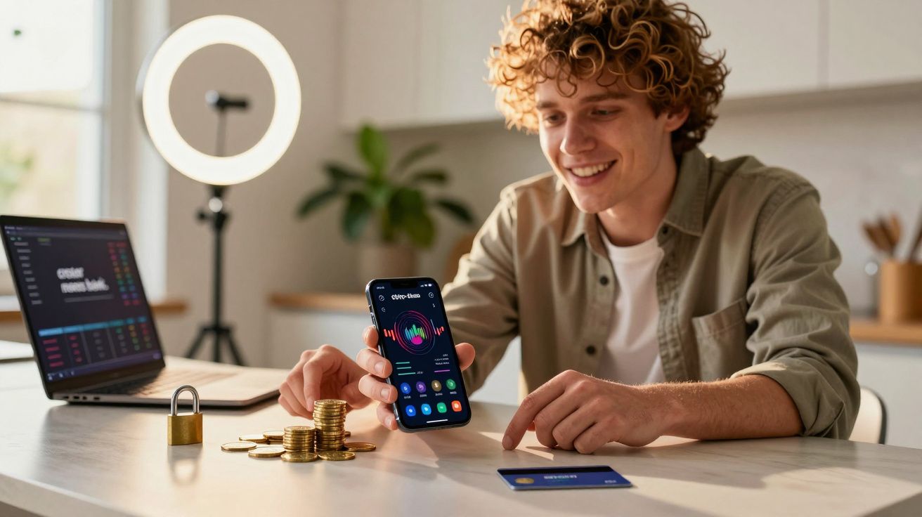 Jovem com smartphone mostrando app financeiro, moedas empilhadas, portátil e cartão na mesa iluminada.
