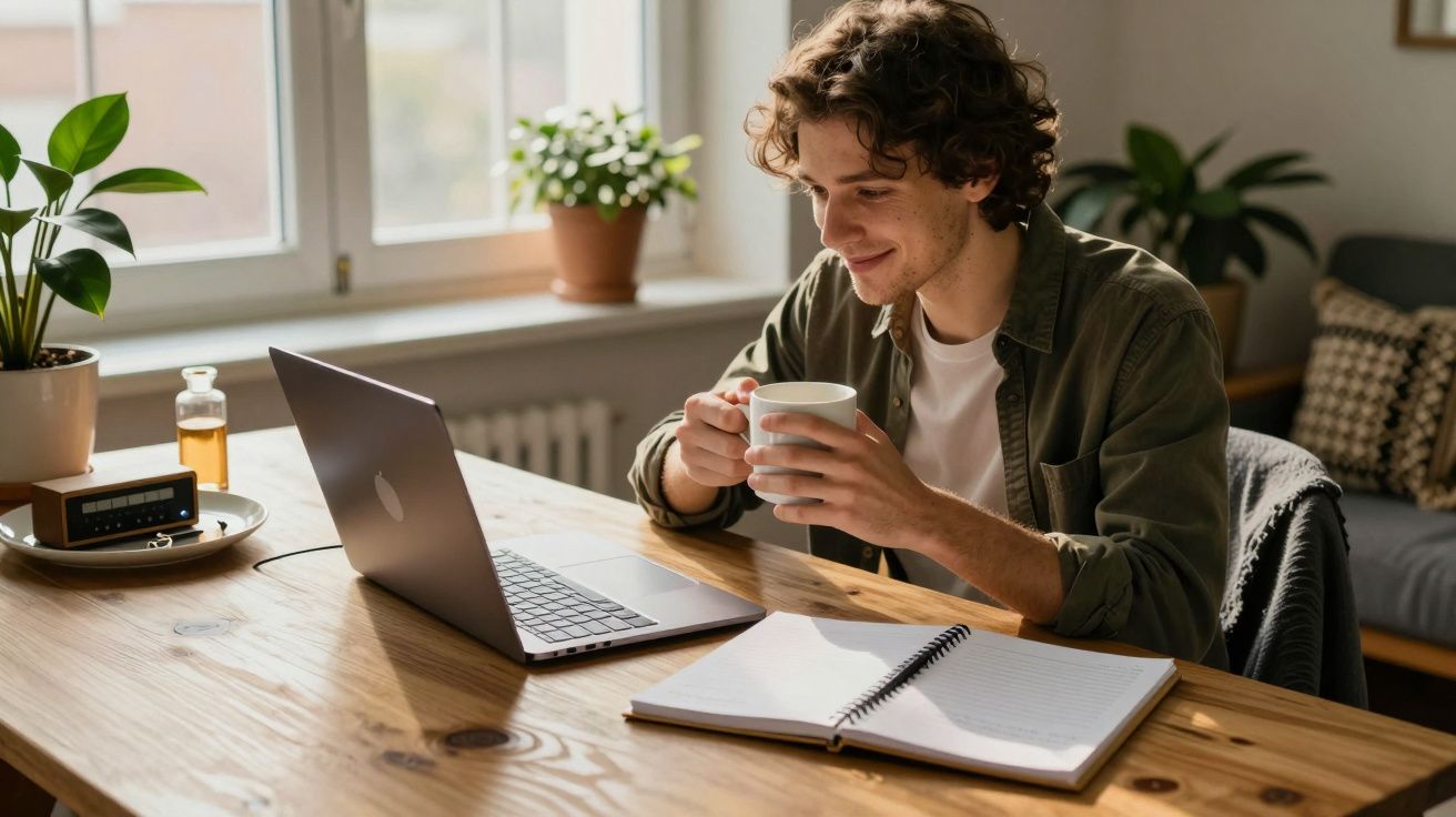 Homem a sorrir, a segurar uma chávena, em frente a um portátil numa mesa com caderno, dentro de casa.