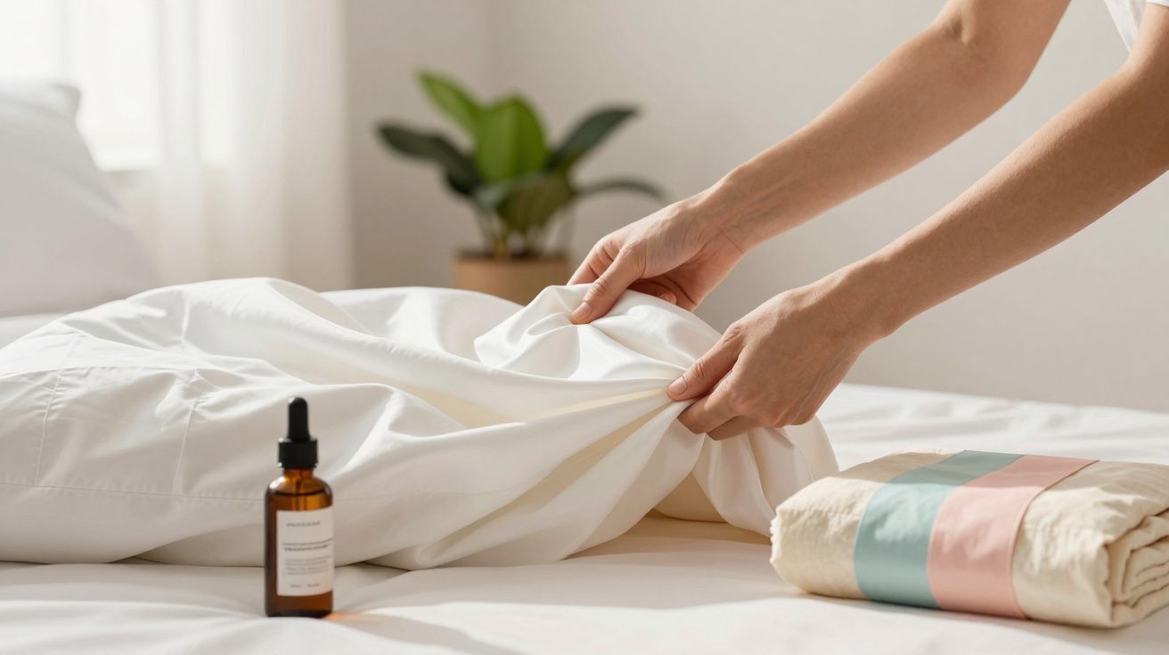 Mãos arranjam lençóis brancos numa cama, ao lado de um frasco de óleo e roupa dobrada com laço.