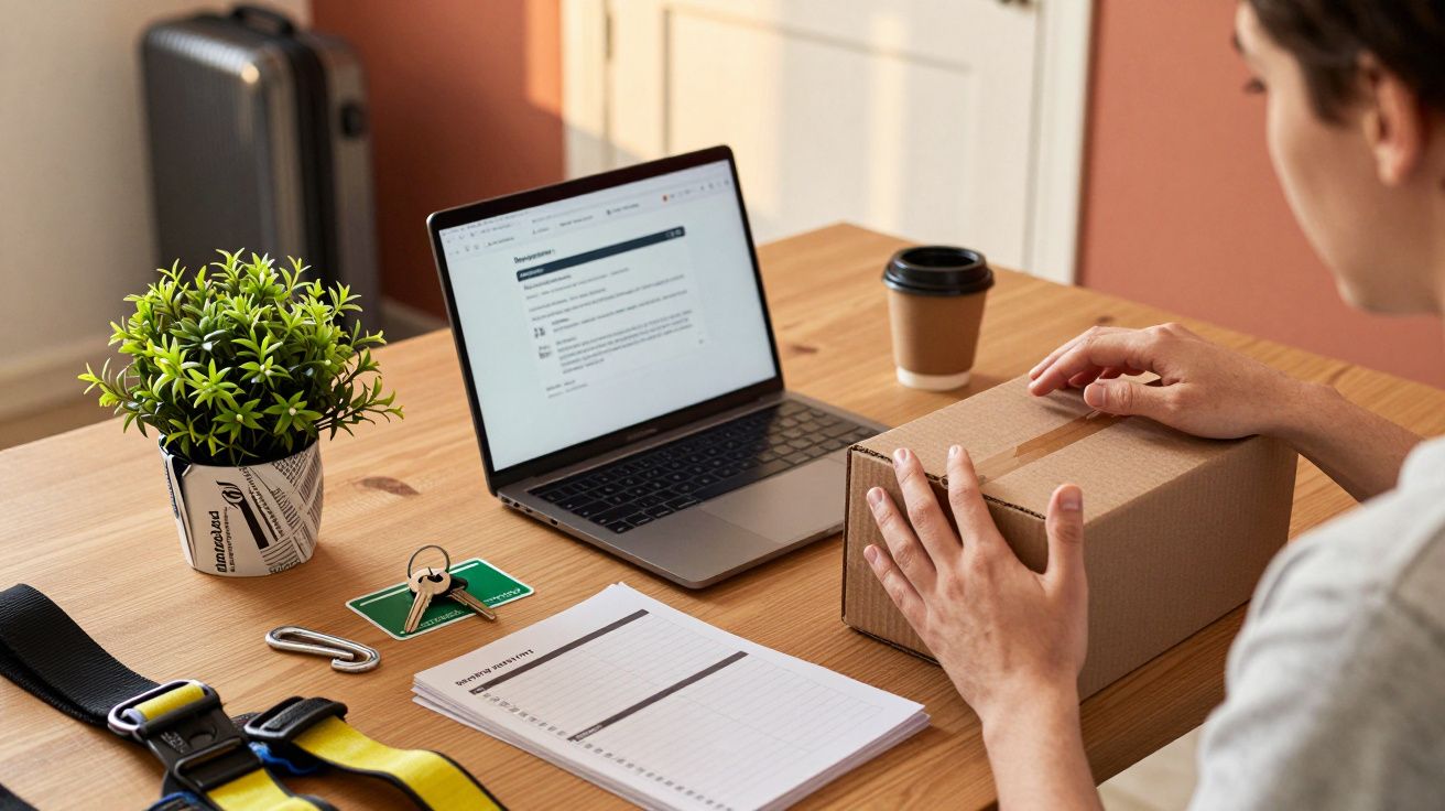 Pessoa abrindo caixa em mesa com portátil, caderno, caneca de café e planta. Bagagem vista ao fundo.