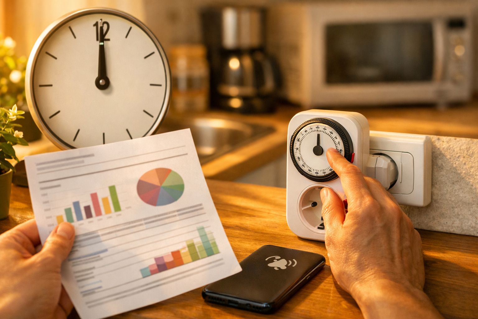 Mulher ajusta torradeira em bancada de cozinha, segurando bloco de notas; relógio na parede e frutas ao lado.