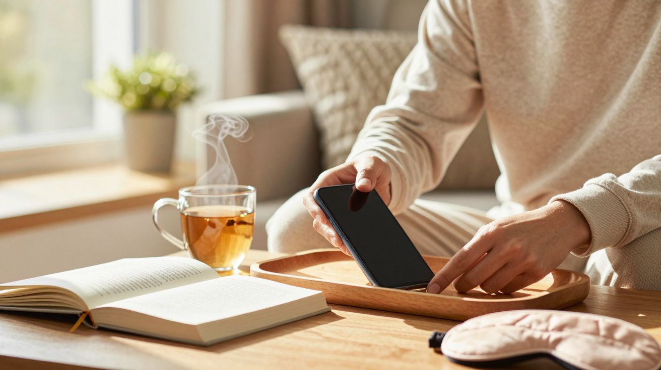 Pessoa em roupa confortável usando smartphone numa mesa com chá, livro aberto e máscara de dormir.