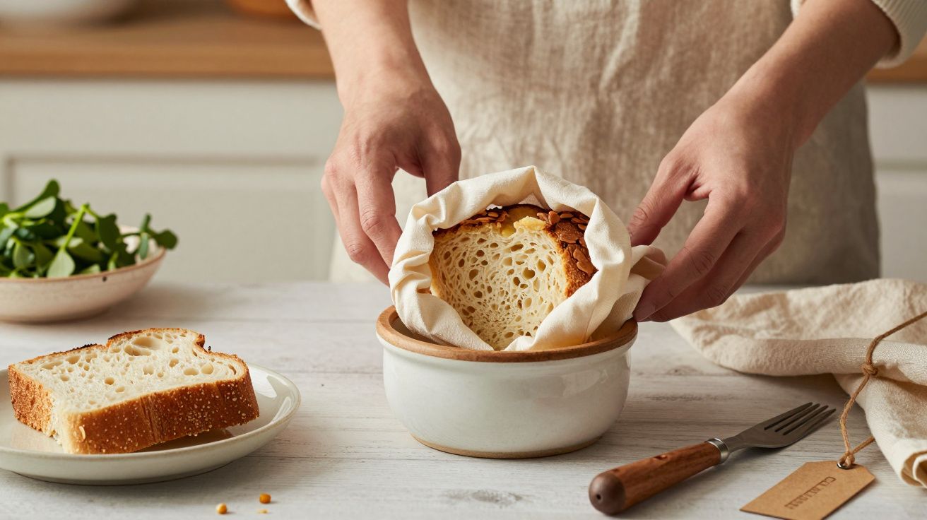 Mãos arrumam pão caseiro numa tigela de pano na cozinha, ao lado de uma fatia e talheres.