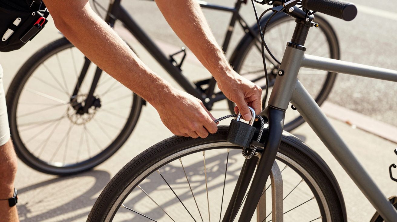 Pessoa a trancar uma bicicleta prateada com cadeado numa área urbana.
